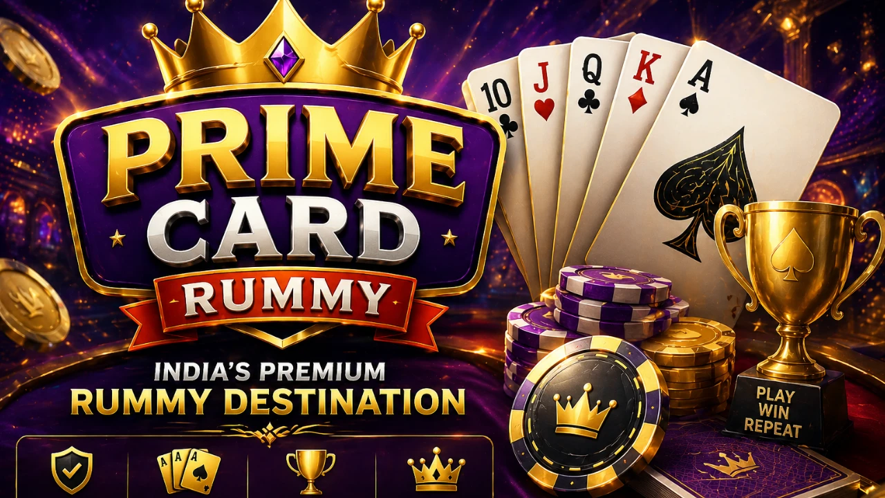 Prime Card Rummy lounge banner — premium card-game editorial vibe